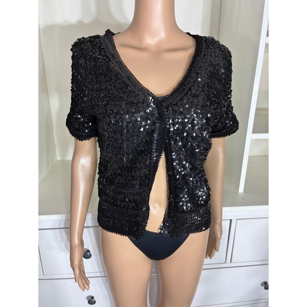 Cache Cardigan Women Large Black Sequin Short Sleeve Hook Eye Evening Glam